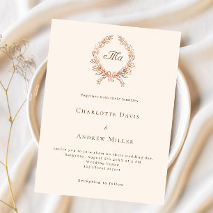 Beige crest monogram budget wedding invitation