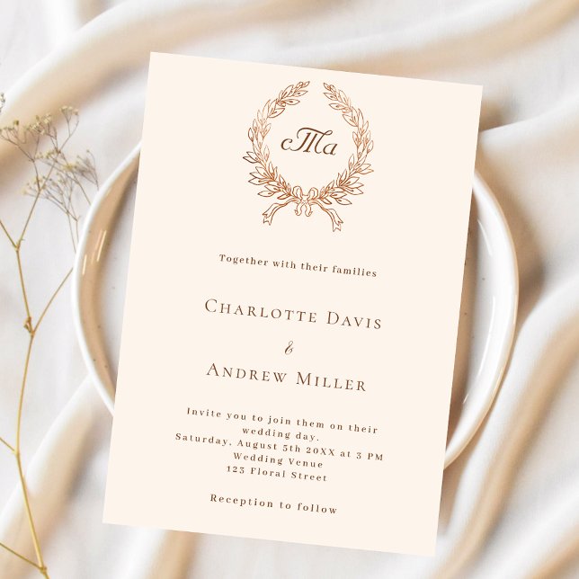 Beige crest monogram formal wedding  invitation (Creator Uploaded)