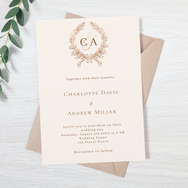 Beige crest monogram minimalist luxury wedding  invitation (Creator Uploaded)