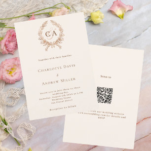 Beige crest monogram QR code RSVP wedding Invitation