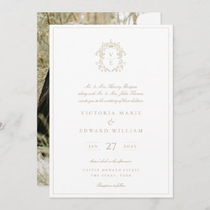Beige Crest Monogram Wedding Photo Invitation