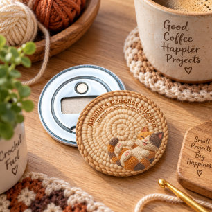 Beige Crochet Cat Mum Custom Name Kitchen Bottle Opener