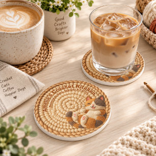 Beige Crochet Cat Mum Custom Name Kitchen Coaster