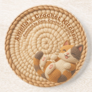 Beige Crochet Cat Mum Custom Name Kitchen Coaster