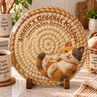Beige Crochet Cat Mum Custom Name Kitchen Cutting Board