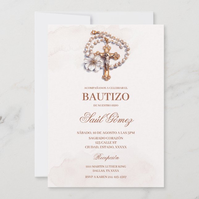 Beige crucifix Baptism Spanish Invitation (Front)