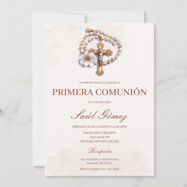 Beige crucifix first communion Spanish Invitation (Front)