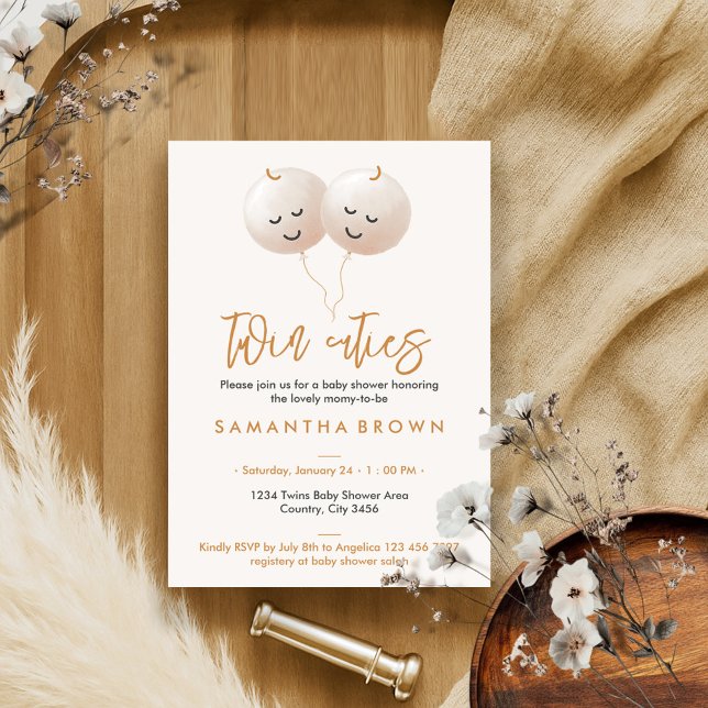 Beige Cute Balloon Twins Baby Shower Invitation (Creator Uploaded)