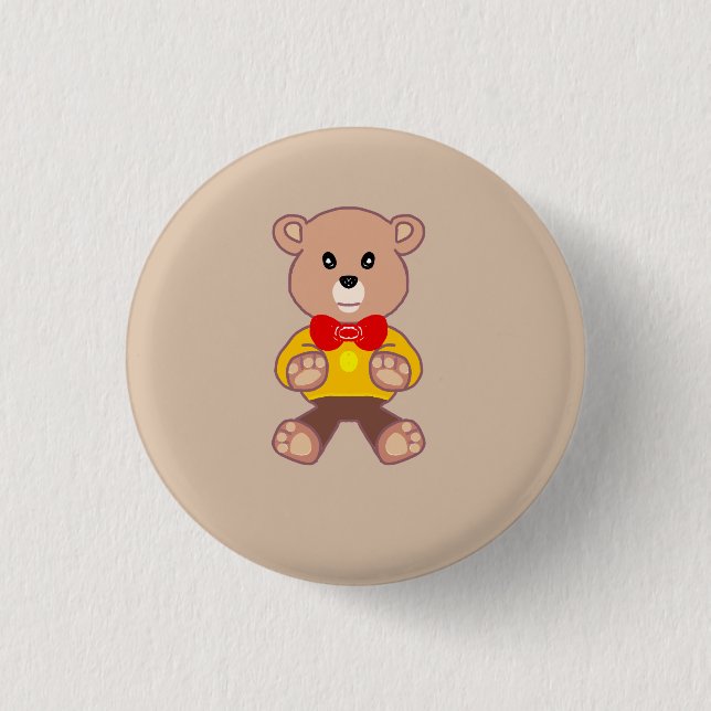 Beige Cute Bowtie Teddy Bear Button (Front)