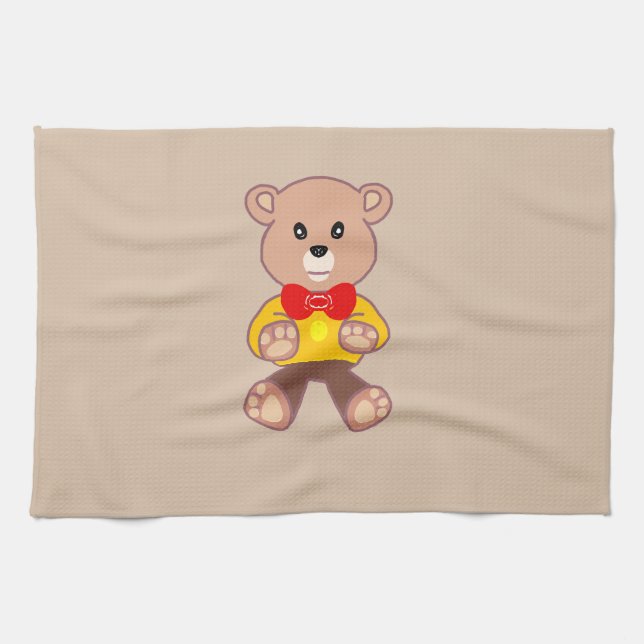 Beige Cute Bowtie Teddy Bear  Tea Towel (Horizontal)