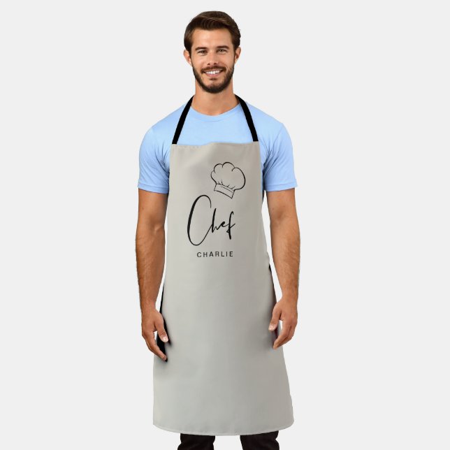 Beige cute hat and script personalised chef apron (Worn)