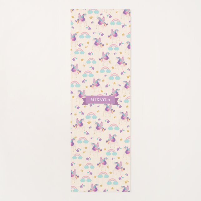 Beige | Cute Rainbow Unicorn Pattern Kids Yoga Mat (Front)