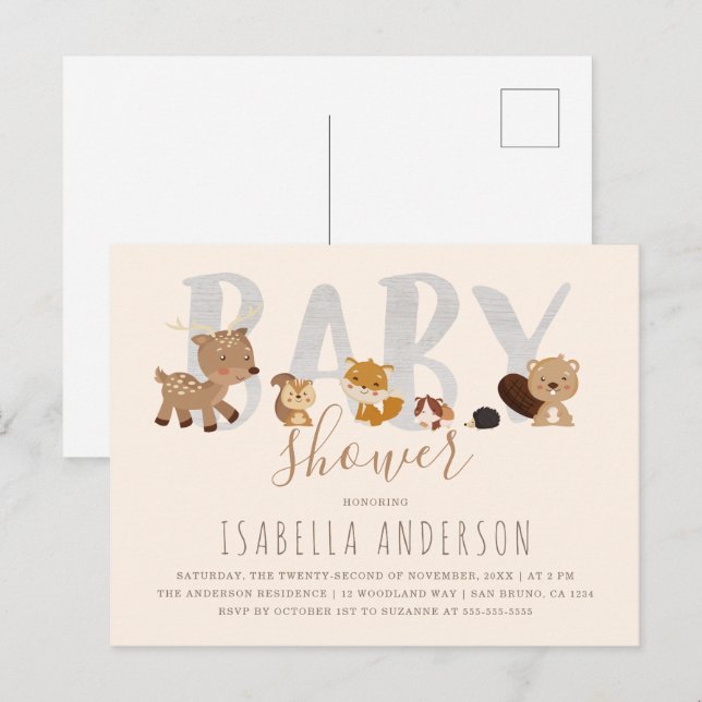 Beige | Cute Woodland Animals Neutral Baby Shower Invitation Postcard (Front/Back)