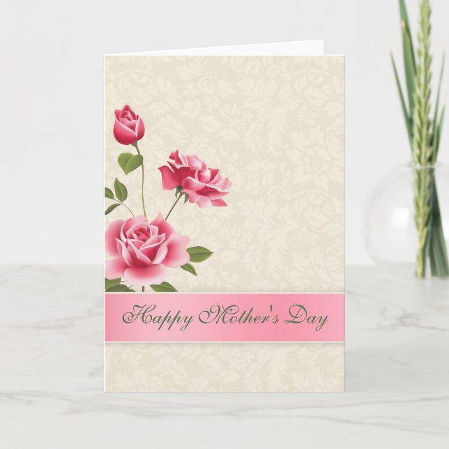 Beige Damask And Pink Roses-Mother's Day Card (Front)