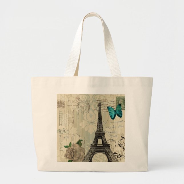 beige Damask butterfly rose Paris Eiffel Tower Large Tote Bag (Front)
