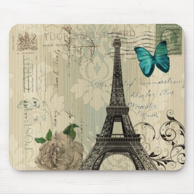beige Damask butterfly rose Paris Eiffel Tower Mouse Mat (Front)