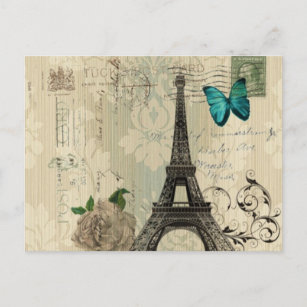 beige Damask butterfly rose Paris Eiffel Tower Postcard