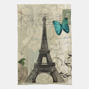 beige Damask butterfly rose Paris Eiffel Tower Tea Towel