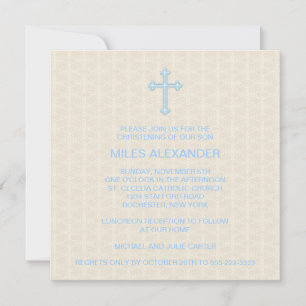 Beige Damask Cross Blue Boy Christening Invitation