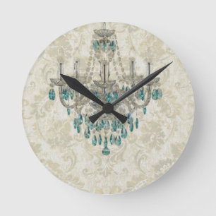 beige Damask French Country blue Chandelier Round Clock
