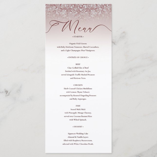 Beige Damask Ornate Wedding Menu Card (Front)