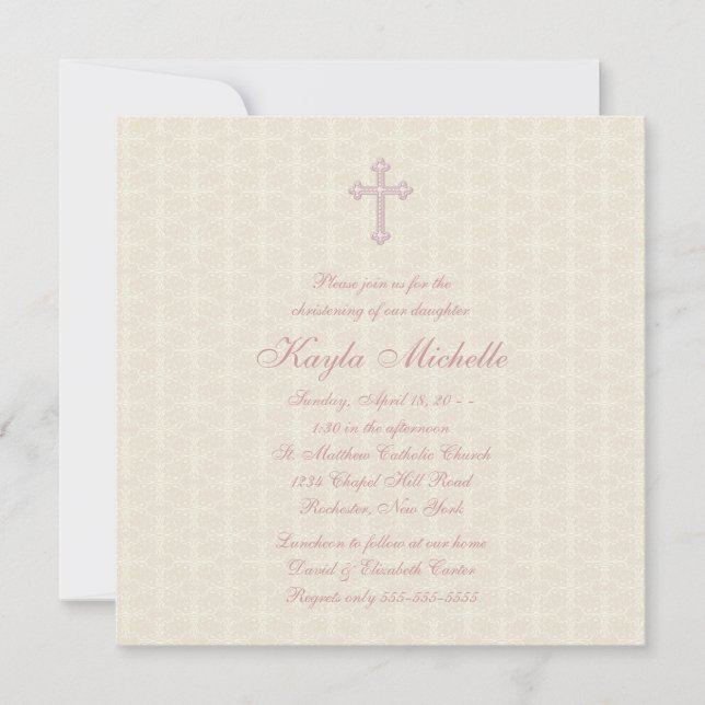 Beige Damask Pink Baby Girl Christening Invitation (Front)