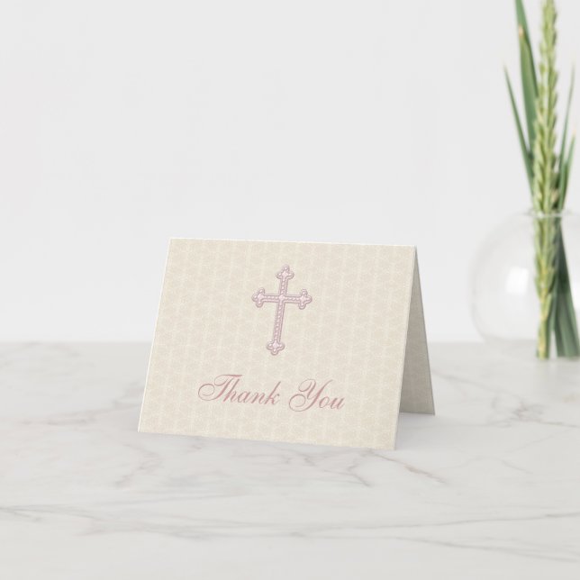 Beige Damask Pink Cross Thank You (Front)