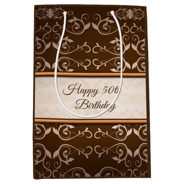 Beige Damask Rose Gold Stripes Medium Gift Bag (Front)