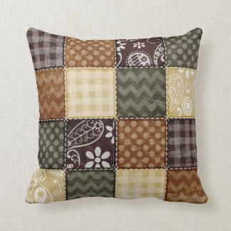 Beige, Dark Brown, and Olive Green Quilt look Cushion