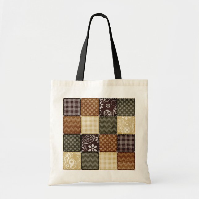 Beige, Dark Brown, and Olive Green Quilt look Tote Bag (Front)