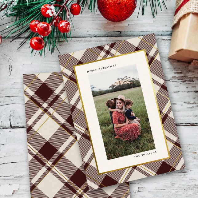 Beige & Dark Red Tartan Merry Christmas Photo Holiday Card (Creator Uploaded)