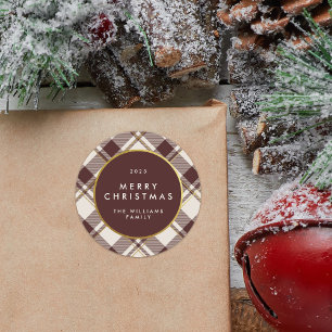 Beige & Dark Red Tartan Plaid Merry Christmas Classic Round Sticker
