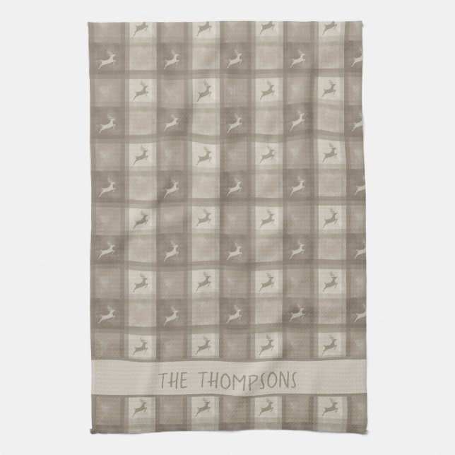 Beige Deer Plaid With Custom Family Name Christmas Tea Towel (Vertical)