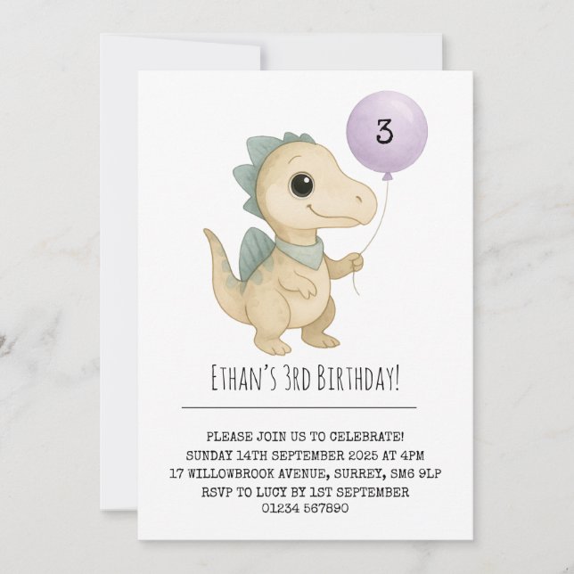 Beige Dino with Blue Spikes and Balloon Birthday Invitation (Front)