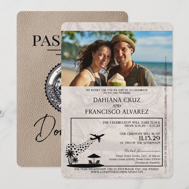 Beige Dominican Republic Passport Wedding Invitation (Front/Back)