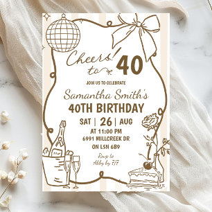 Beige Doodle Handwritten Champagne Cheers Birthday Invitation