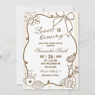 Beige Doodle Handwritten Champagne Love Is Brewing Invitation
