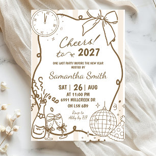 Beige Doodle Handwritten Champagne New Year Party Invitation