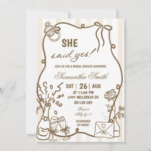 Beige Doodle Handwritten Champagne She Said Yes Invitation