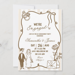 Beige Doodle Handwritten Champagne We're Engaged Invitation