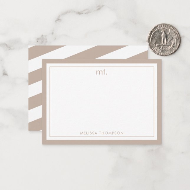 Beige Double Border Modern Monogram Striped Card (Front/Back In Situ)