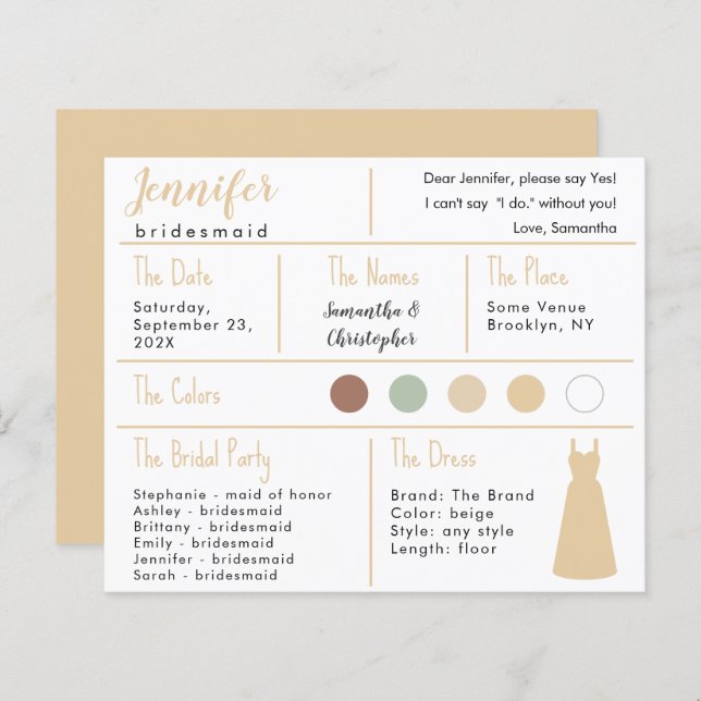 Beige Dress Colour Bridesmaid Information Card (Front/Back)