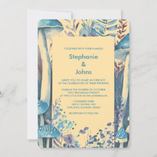 Beige Dusty Blue Art Woodland Mushroom Wedding Invitation