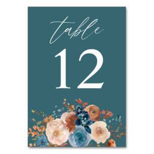 Beige & Dusty Blue Floral Table Number - Teal