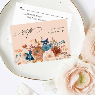 Beige & Dusty Blue Floral w Meal RSVP - Beige Card
