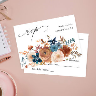 Beige & Dusty Blue Floral w Meal RSVP  Card