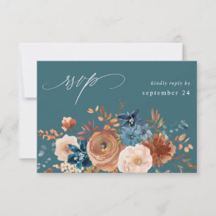 Beige & Dusty Blue Floral w Meal RSVP - Teal