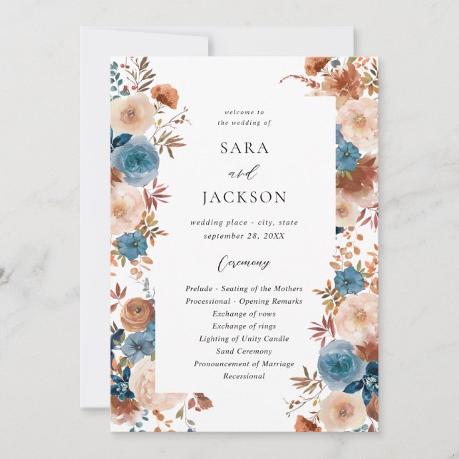 Beige & Dusty Blue Floral Wedding Ceremony Program Invitation (Front)
