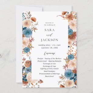 Beige & Dusty Blue Floral Wedding Ceremony Program Invitation