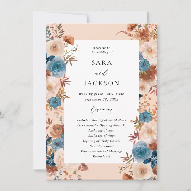 Beige & Dusty Blue Floral Wedding Program - Beige Invitation (Front)